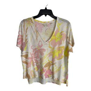 Ted Baker Womens Shirt Adult Size 3 Pink Yellow Floral Short Sleeve Linen Blend